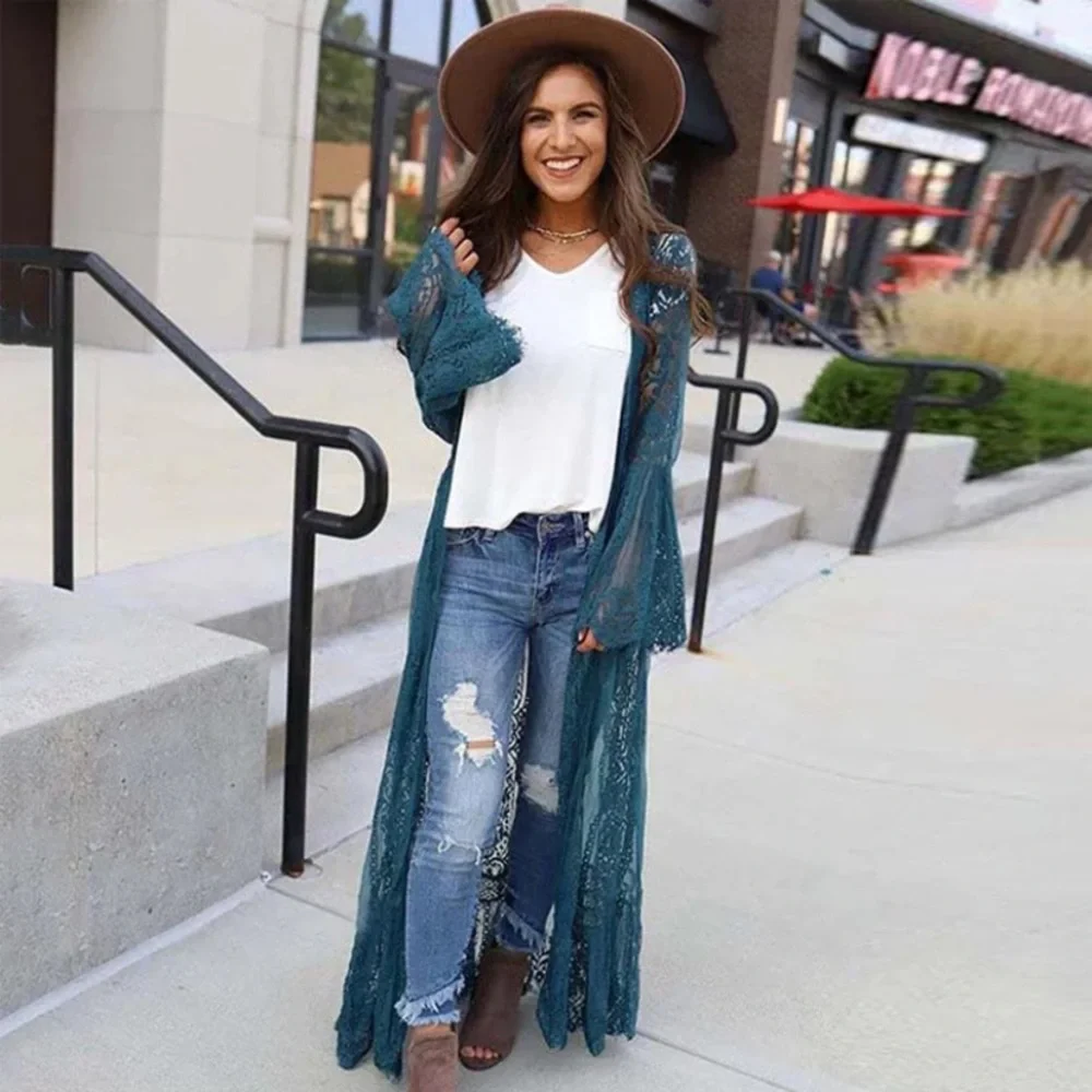 SOLD OUT Teal Eyelash Lace Bohemian Long Kimono Duster Wrap Coverup - Picture 3 of 5